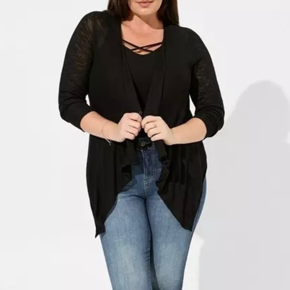 Torrid Black Slub Knit‎ Open Front Draped Waterfall Cardigan Plus Size 2 2X
